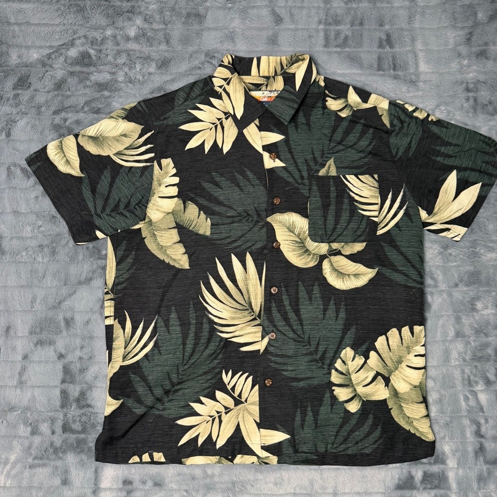 Havana Jacks Cafe Mens Medium Silk Tropical Palm Leaf Aloha Shirt Black Green